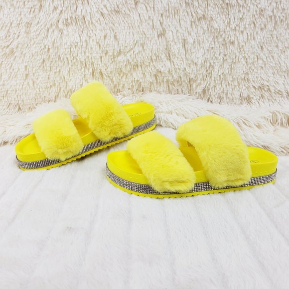 Fur Baby Yellow Soft Furry Double Band Slip on Rhinestone Trim Sandals Slippers - Picture 3 of 14